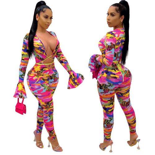 Lace Up Colorful Print Sexy Bodycon Club Jumpsuit
