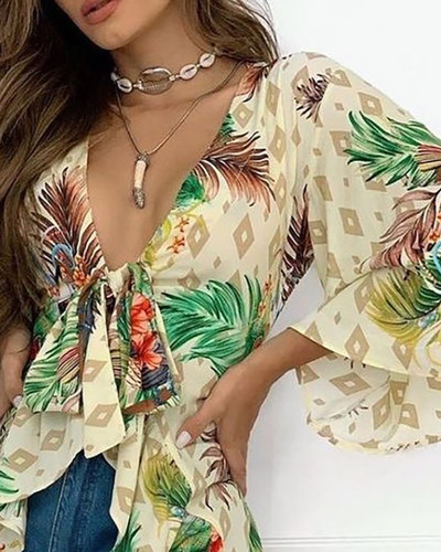 Floral Yellow Tie Front Deep-V Irregular Blouse