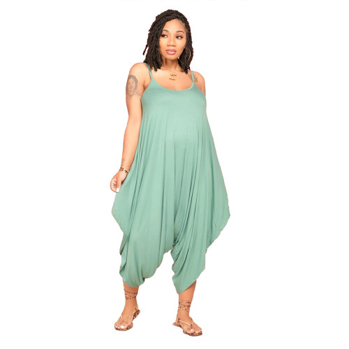 Green Strap Loose Harem Irregular Jumpsuit