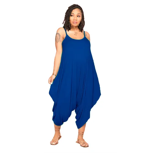 Blue Strap Loose Harem Irregular Jumpsuit