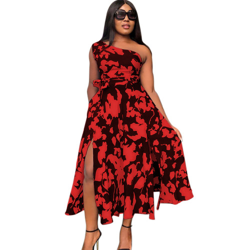 Floral Red One Shoulder Slit Fit and Flare Dress with Belt