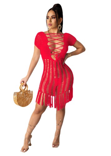 Red Crochet Off Shoulder Hollow Out Tassel Beach Dress Cover-Ups