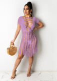 Purple Crochet Off Shoulder Hollow Out Tassel Beach Dress Cover-Ups