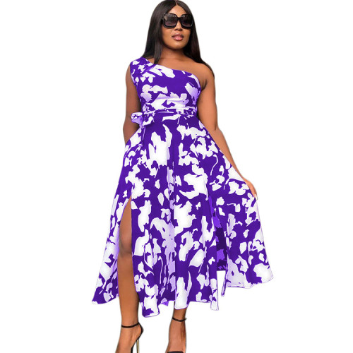 Floral Purple One Shoulder Slit Fit and Flare Dress with Belt