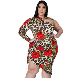 Plus Size Leopard and Rose Print Ruched Sexy Irregular Bodycon Dress