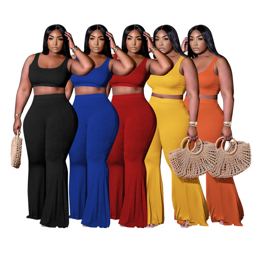 Plus Size Ribbed Blue Crop Tank and Flare Pants Two Piece Set