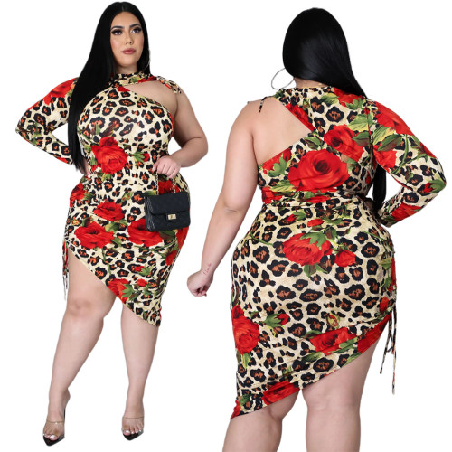Plus Size Leopard and Rose Print Ruched Sexy Irregular Bodycon Dress