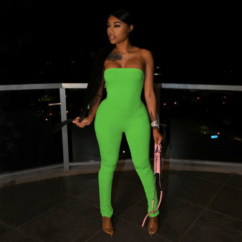 Green Strapless Ruched Bodycon Jumpsuit
