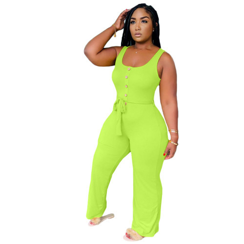 Green Belted Button Tank Jumpsuit