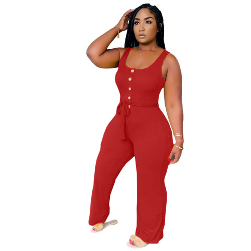 Red Belted Button Tank Jumpsuit