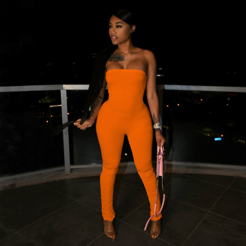 Orange Strapless Ruched Bodycon Jumpsuit