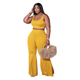 Plus Size Ribbed Blue Crop Tank and Flare Pants Two Piece Set