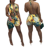 Sexy Halter Keyhole Backless Leaf Print One Piece Swimsuit