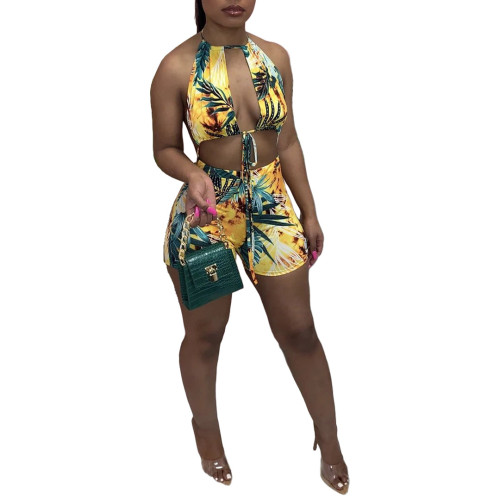 Sexy Halter Keyhole Backless Leaf Print One Piece Swimsuit