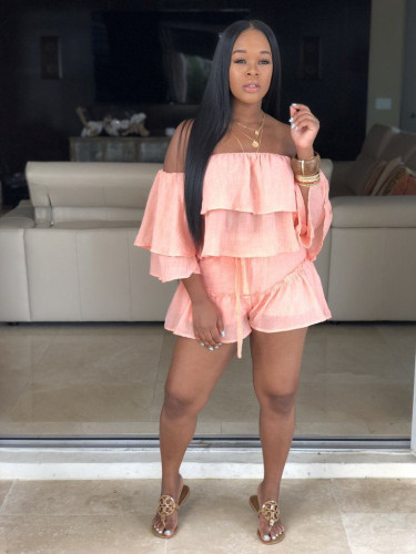 Pink Ruffle Off Shoulder Two Piece Pants Set
