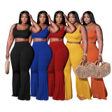 Plus Size Ribbed Red Crop Tank and Flare Pants Two Piece Set