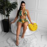 Print Yellow Halter Strings Sexy Two Piece High Waist Swimwear