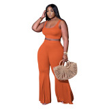 Plus Size Ribbed Yellow Crop Tank and Flare Pants Two Piece Set