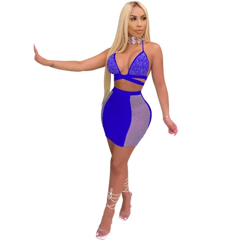 Rhinestone Halter Blue Bra Top and Mini Skirt Set