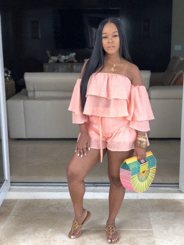 Pink Ruffle Off Shoulder Two Piece Pants Set