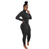 Black High Neck Slit Zipper Fitted Tracksuit