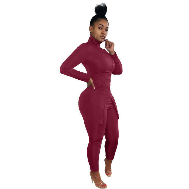 Burgundy High Neck Slit Zipper Fitted Tracksuit