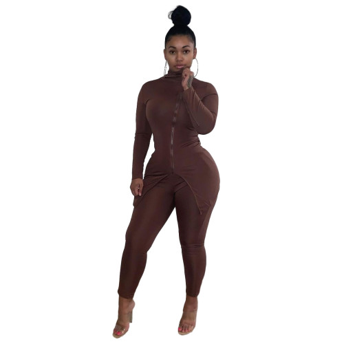 Brown High Neck Slit Zipper Fitted Tracksuit
