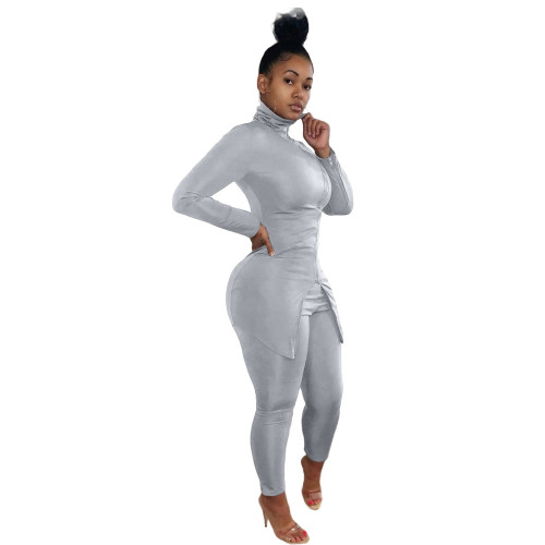 Gray High Neck Slit Zipper Fitted Tracksuit