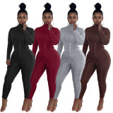 Gray High Neck Slit Zipper Fitted Tracksuit