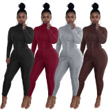 Brown High Neck Slit Zipper Fitted Tracksuit