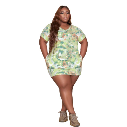 Tie Dye Green Plus SIze Casual T-Shirt Dress with Pockets