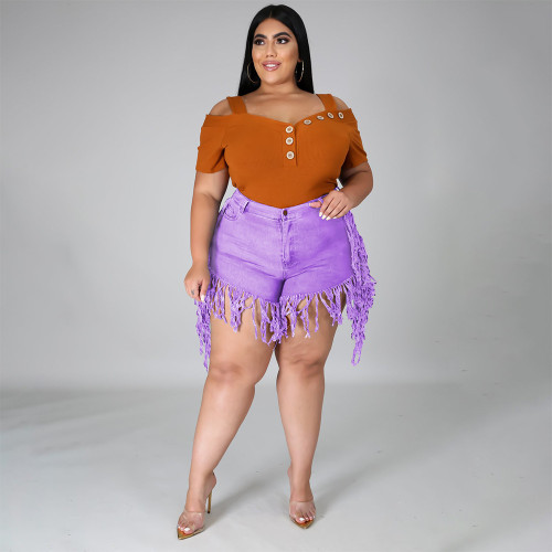 Purple Ripped Stylish Tassel Plus Size Denim Shorts