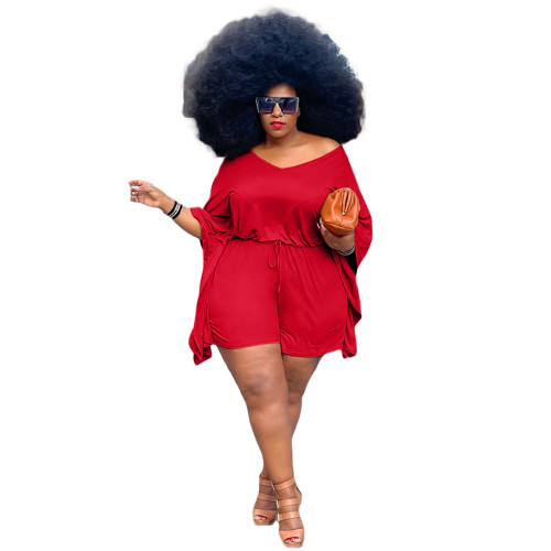 V Neck Red Bat Sleeve Plus Size Two Piece Shorts Set