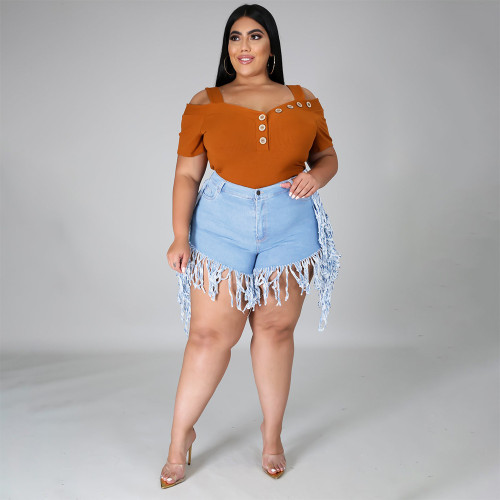 Light Blue Ripped Stylish Tassel Plus Size Denim Shorts