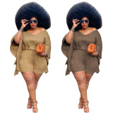 V Neck Khaki Bat Sleeve Plus Size Two Piece Shorts Set