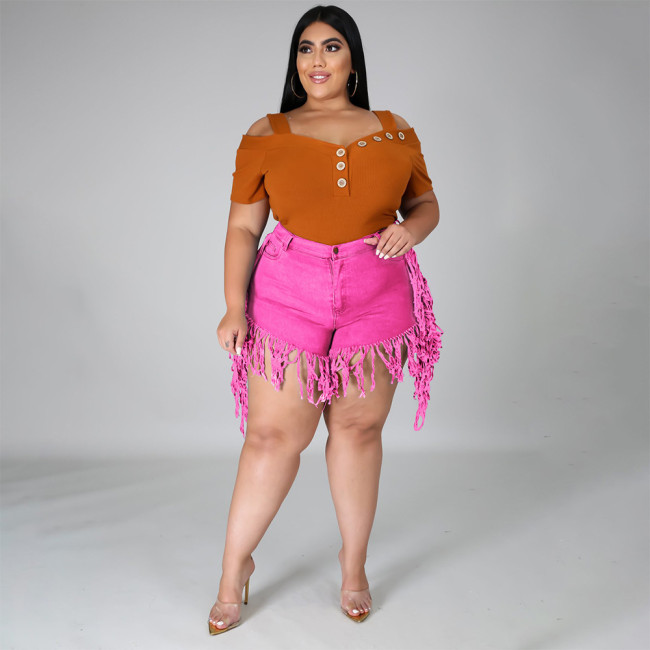 Hot Pink Ripped Stylish Tassel Plus Size Denim Shorts