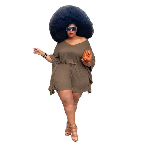 V Neck Brown Bat Sleeve Plus Size Two Piece Shorts Set