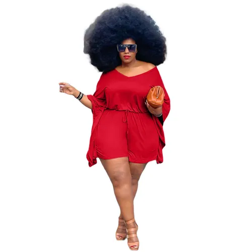 V Neck Khaki Bat Sleeve Plus Size Two Piece Shorts Set