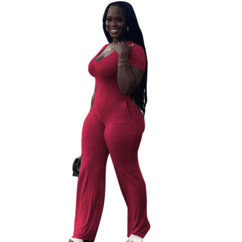 Plus Size Red Cotton Blends Jumpsuit with Pockets