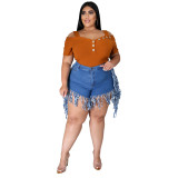 Dark Blue Ripped Stylish Tassel Plus Size Denim Shorts