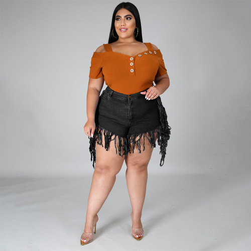 Black Ripped Stylish Tassel Plus Size Denim Shorts