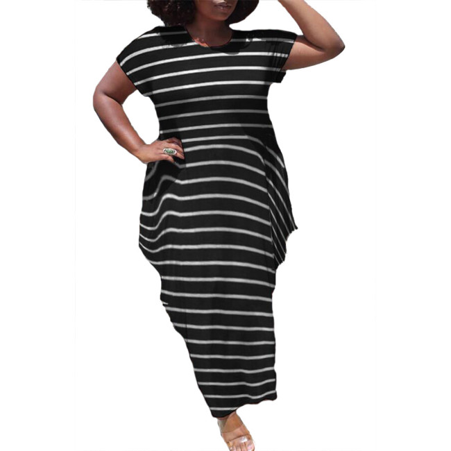 Plus Size Stripes Black Loose Irregular Long Dress