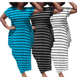 Plus Size Stripes Blue Loose Irregular Long Dress