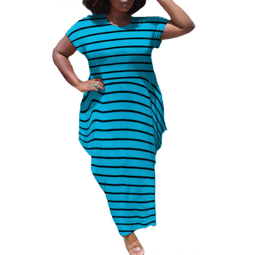 Plus Size Stripes Blue Loose Irregular Long Dress