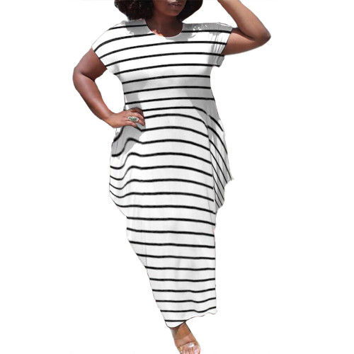 Plus Size Stripes Black Loose Irregular Long Dress