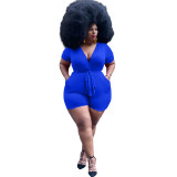 Plus Size Deep-V Purple Sexy Tie Waist Bodycon Rompers