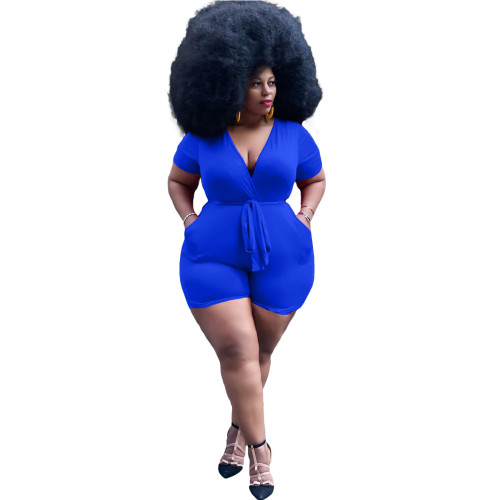 Plus Size Deep-V Blue Sexy Tie Waist Bodycon Rompers