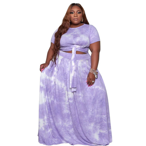 Plus Size Print Purple Tie Dye Two Piece Long Skirt Set