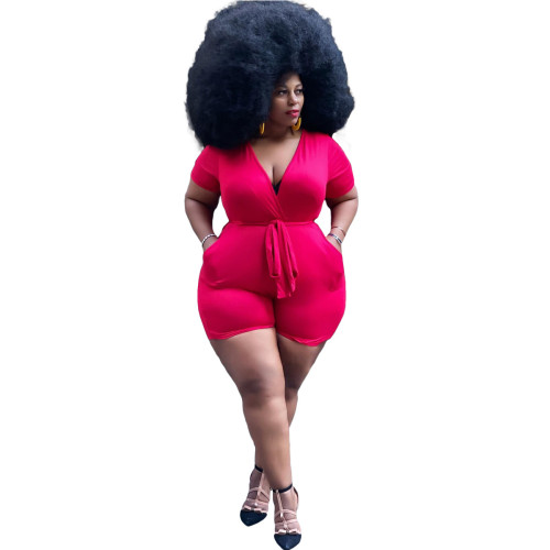 Plus Size Deep-V Red Sexy Tie Waist Bodycon Rompers