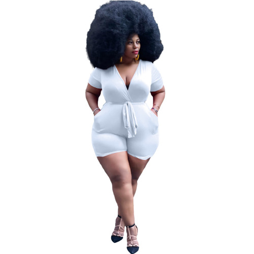 Plus Size Deep-V White Sexy Tie Waist Bodycon Rompers